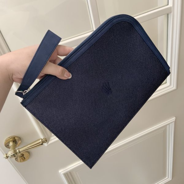 Zip Around Suede Trim Denim Logo Wristlet Handbag Blue