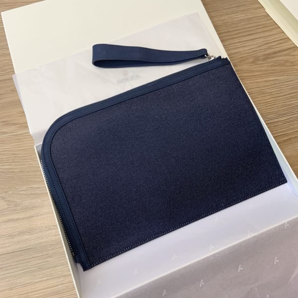 Zip Around Suede Trim Denim Logo Wristlet Handbag Blue - Image 3