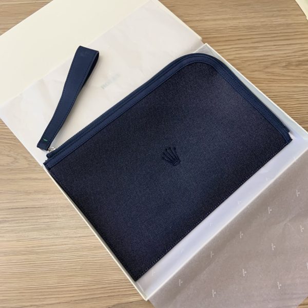 Zip Around Suede Trim Denim Logo Wristlet Handbag Blue - Image 5