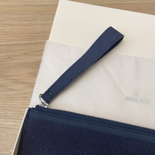Zip Around Suede Trim Denim Logo Wristlet Handbag Blue - Image 6